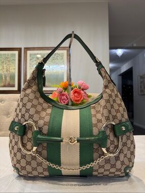Authentic Gucci Beige Monogram Hobo with Green and Cream Stripes